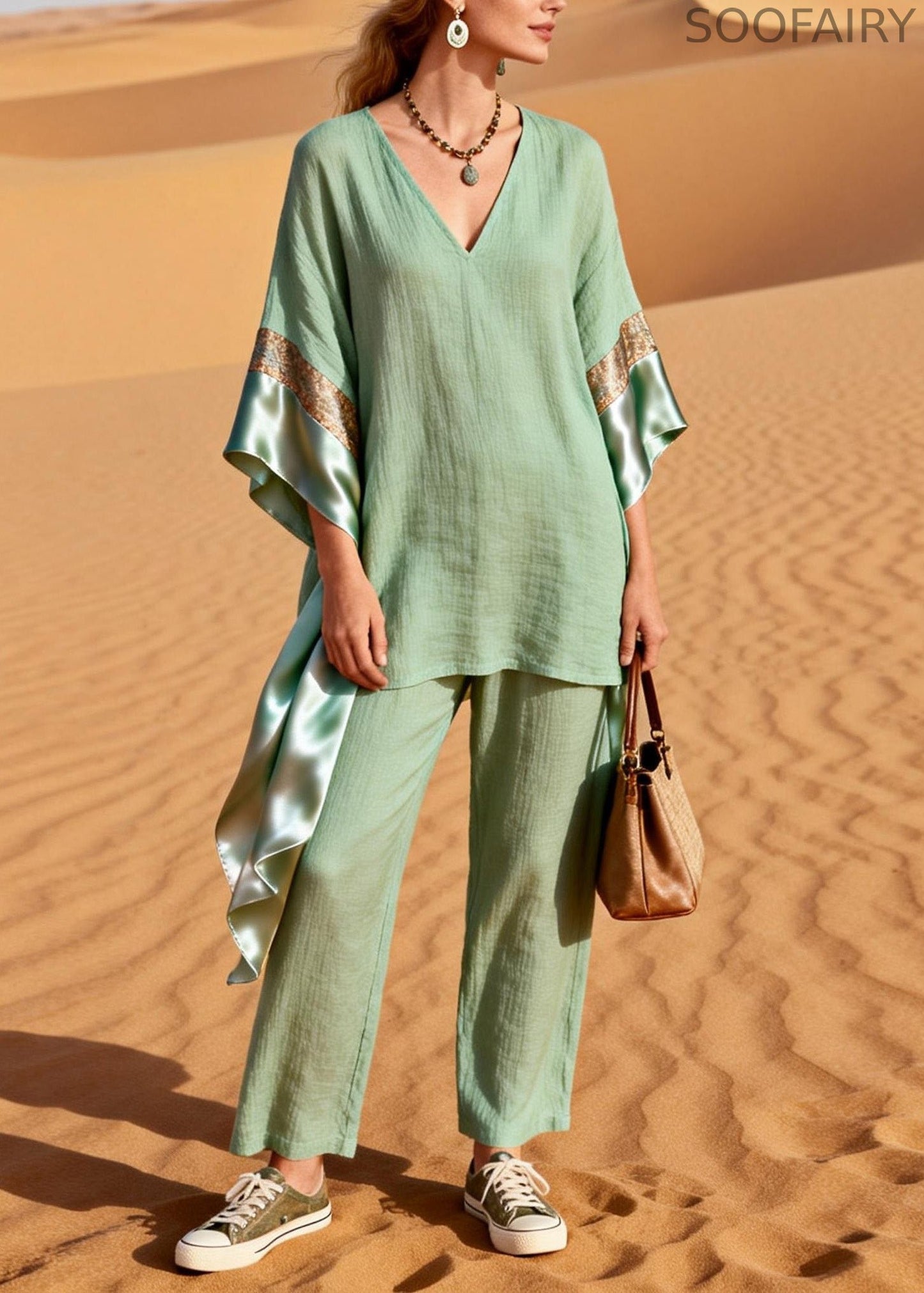 Green V Neck Patchwork Linen Silk Two Pieces Set Summer