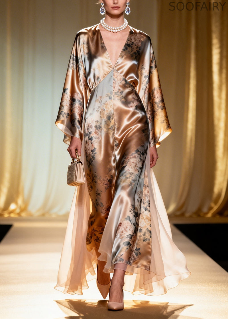 Champagne Print Tulle Patchwork Silk Maxi Dress Summer
