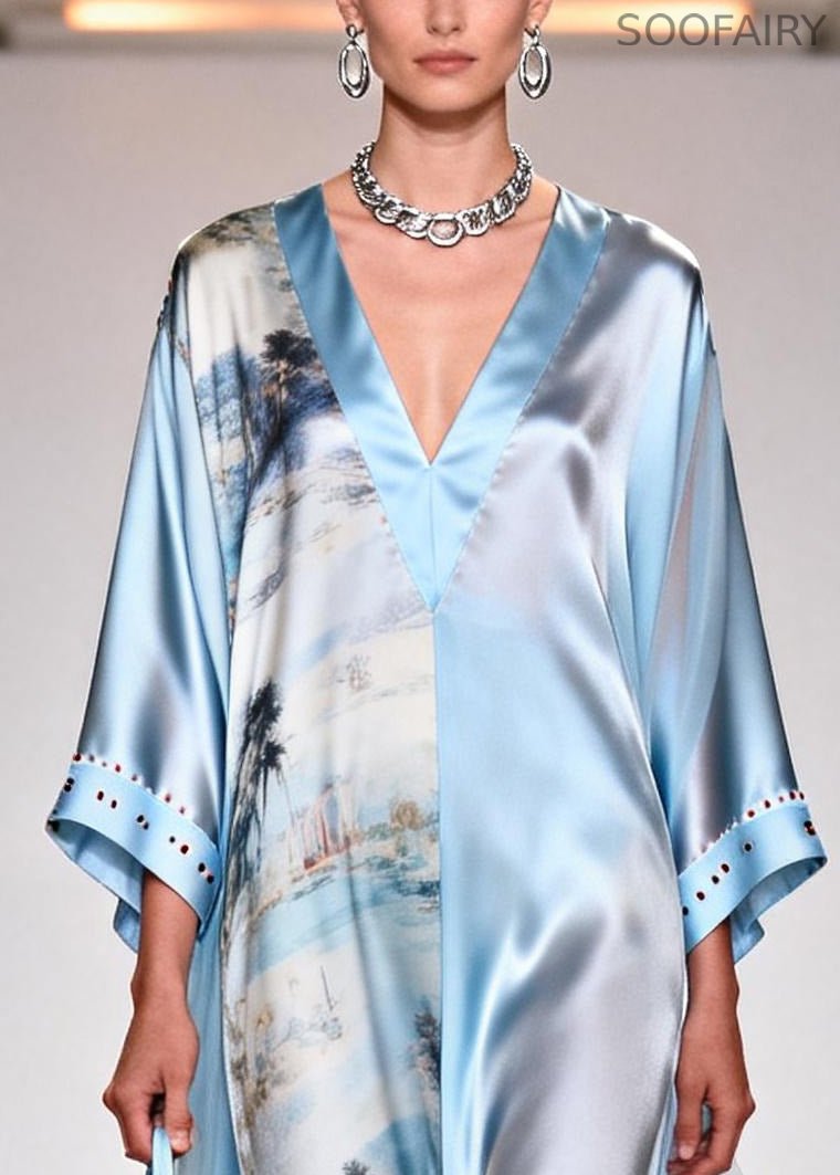 Light Blue Print Tulle Patchwork Rhinestone Dresses Summer