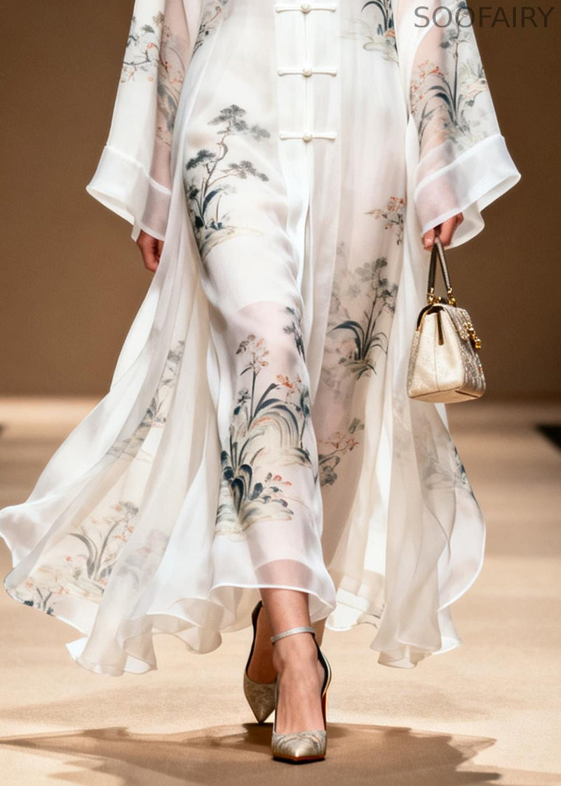 White Print Chinese Button Draping Chiffon Dress Summer