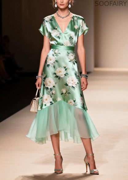 V Neck Print Ruffled Patchwork Silk Dresses Summer
