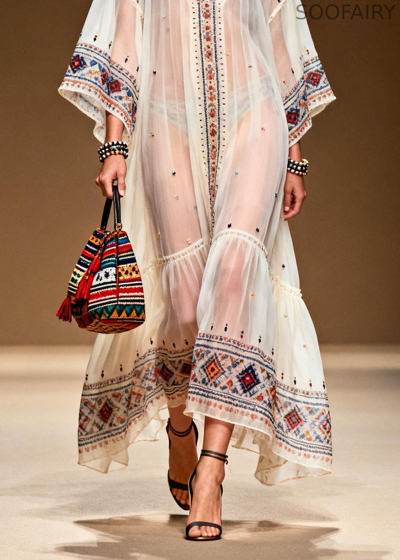 Modern White V Neck Print Patchwork Chiffon Dresses Summer