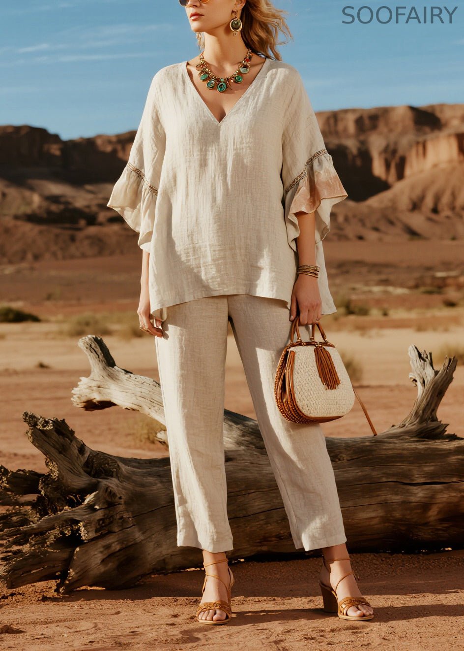 Simple Beige V Neck Patchwork Linen Two Pieces Set Butterfly Sleeve
