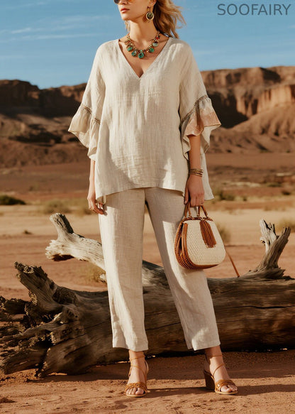 Simple Beige V Neck Patchwork Linen Two Pieces Set Butterfly Sleeve