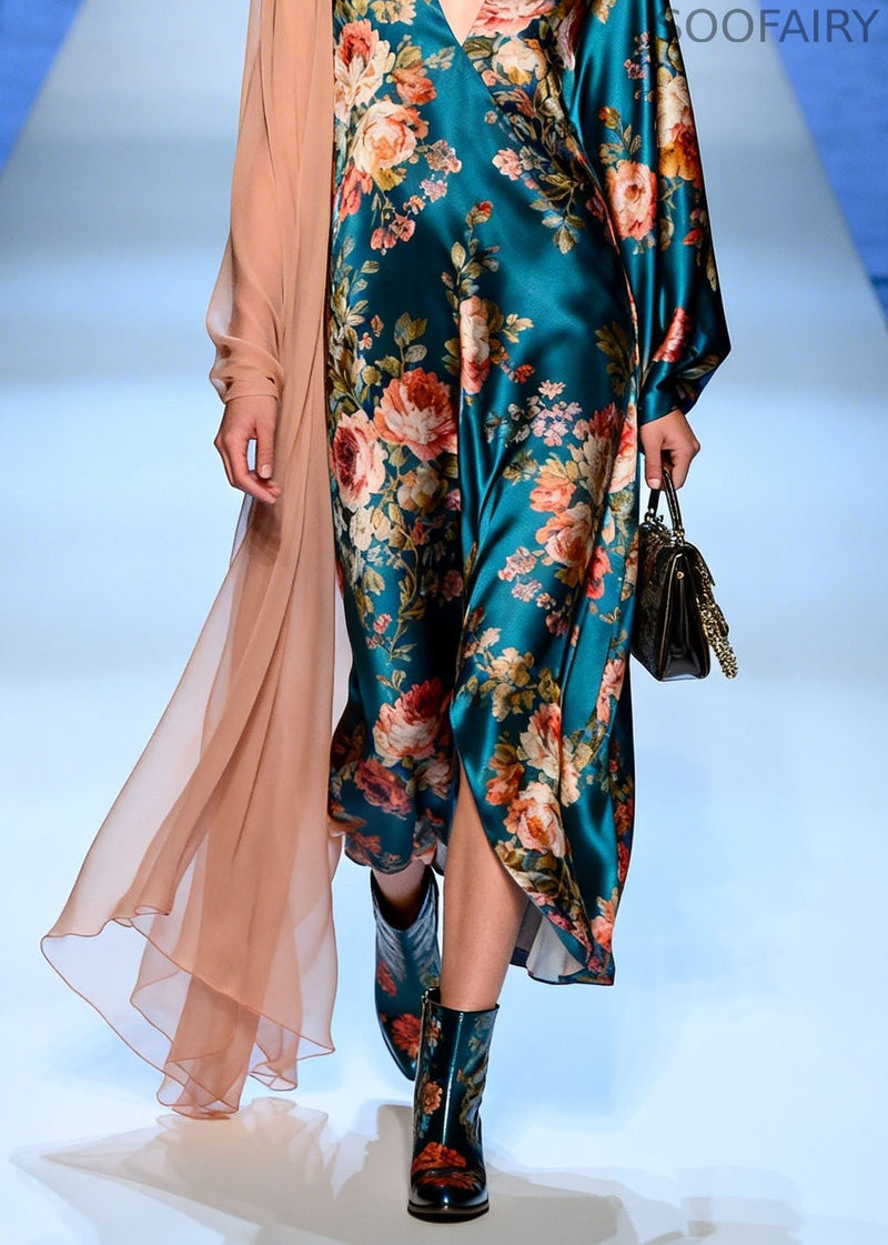 Modern V Neck Print Patchwork Silk Maxi Dresses Spring