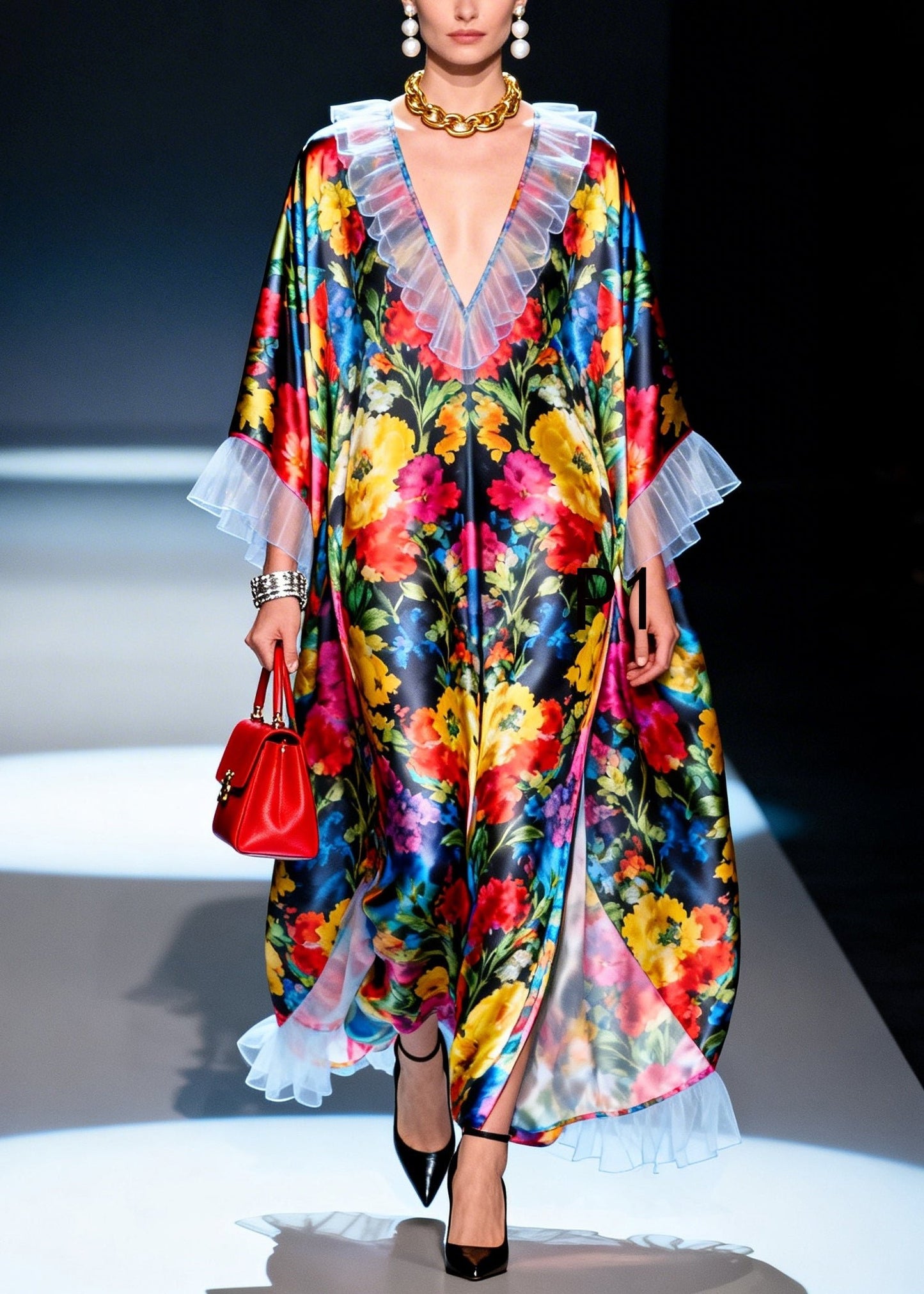 Ruffled Patchwork Multicolored Silk Robe Dresses Summer