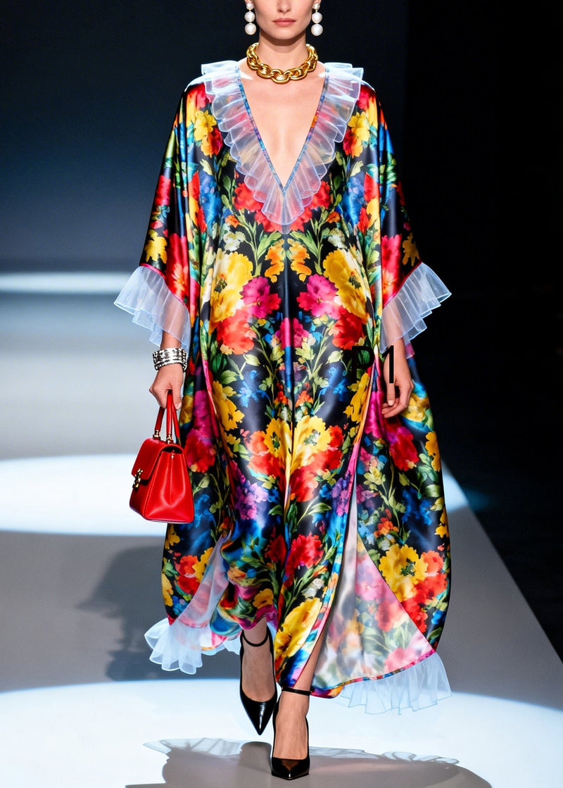 Ruffled Patchwork Multicolored Silk Robe Dresses Summer