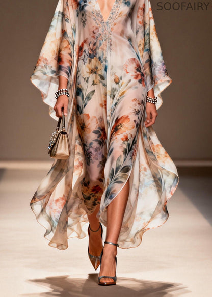 V Neck Print Side Open Chiffon Dress Spring