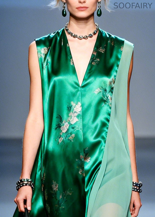 Diy Green Asymmetrical Patchwork Chiffon Holiday Dress Sleeveless
