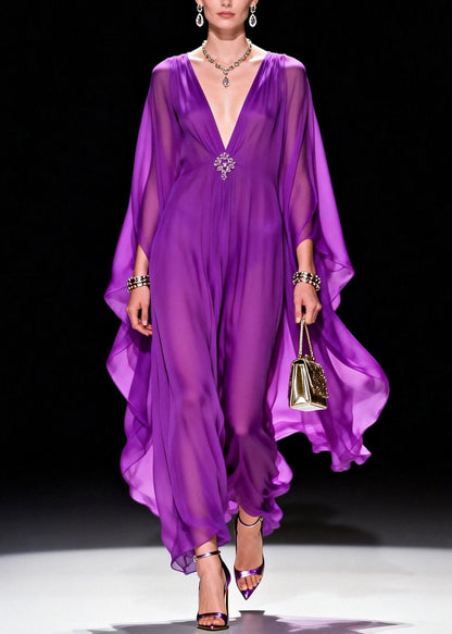 Classy Purple V Neck Chiffon Long Dress Summer