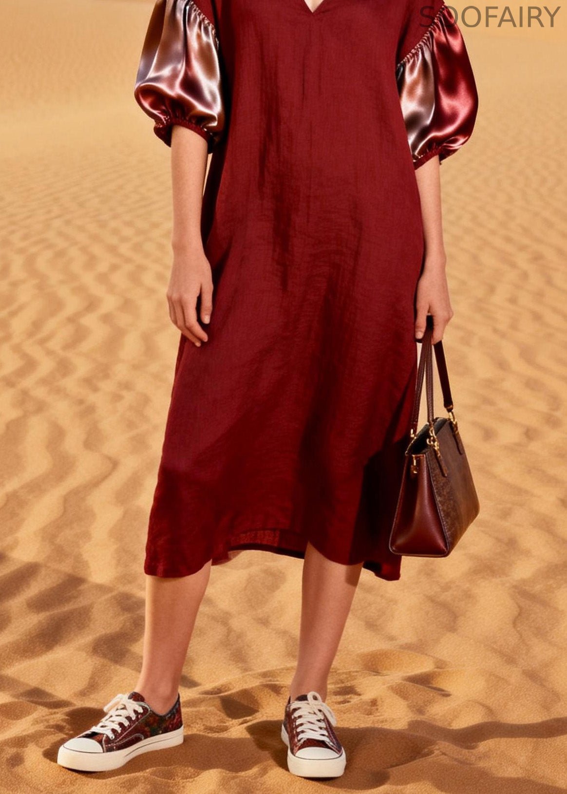 French Red V Neck Silk Patchwork Linen Dresses Summer