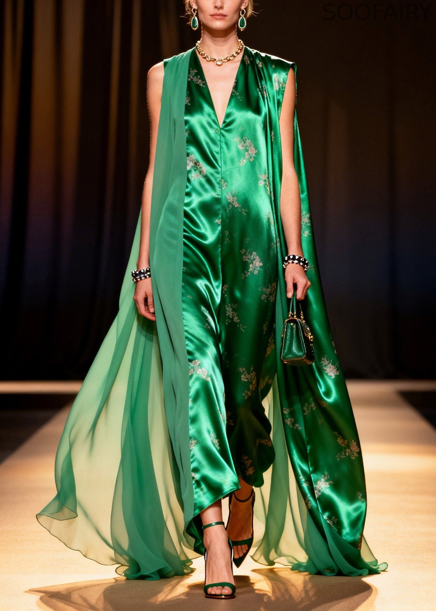 Peacock Green Oversized Patchwork Exra Large Hem Silk Dresses Sleeveless