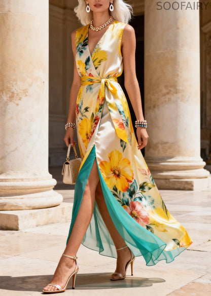 Yellow Chiffon Maxi Dress Side Open Summer