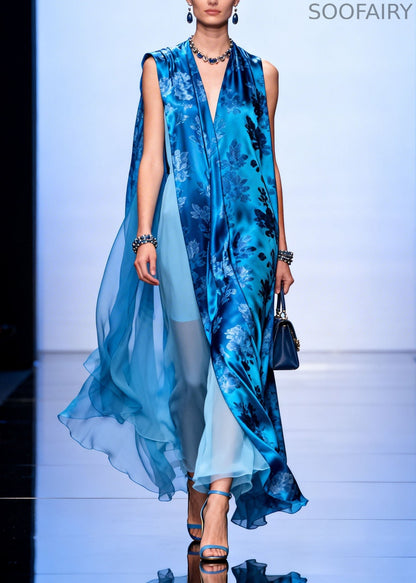 Blue V Neck Asymmetrical Design Print Silk Dresses Sleeveless