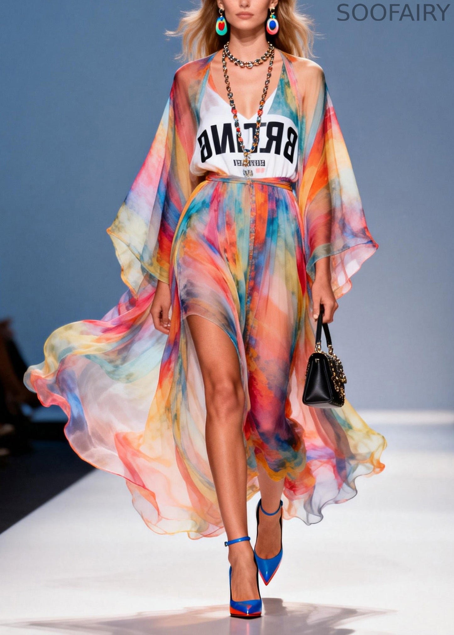 Stylish V Neck Print Patchwork Chiffon Dresses Summer