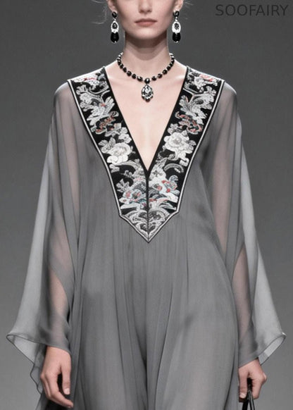 Grey V Neck Patchwork Chiffon Maxi Dress Summer