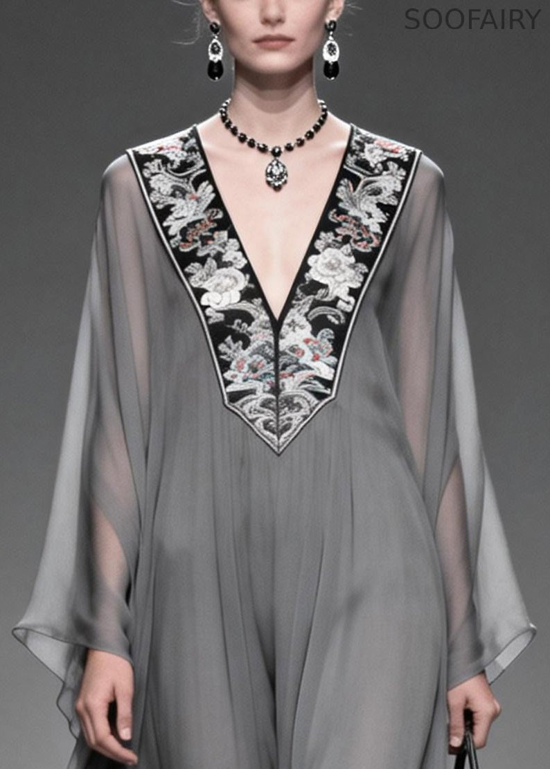 Grey V Neck Patchwork Chiffon Maxi Dress Summer