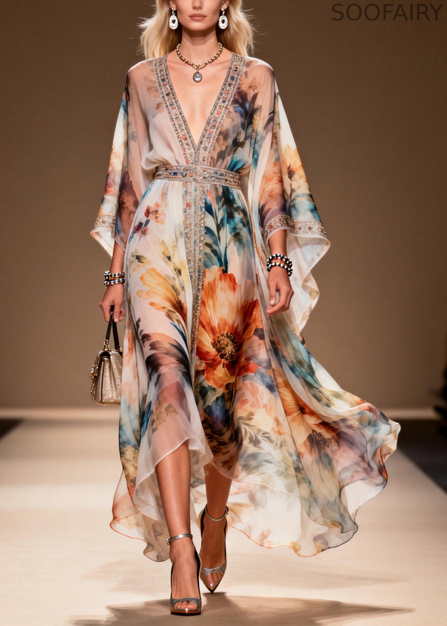 Diy Apricot Print Rhinestone Chiffon Party Dresses Summer