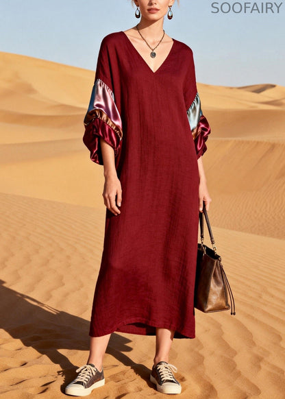 Unique Mulberry V Neck Silk Patchwork Linen Dress Summer