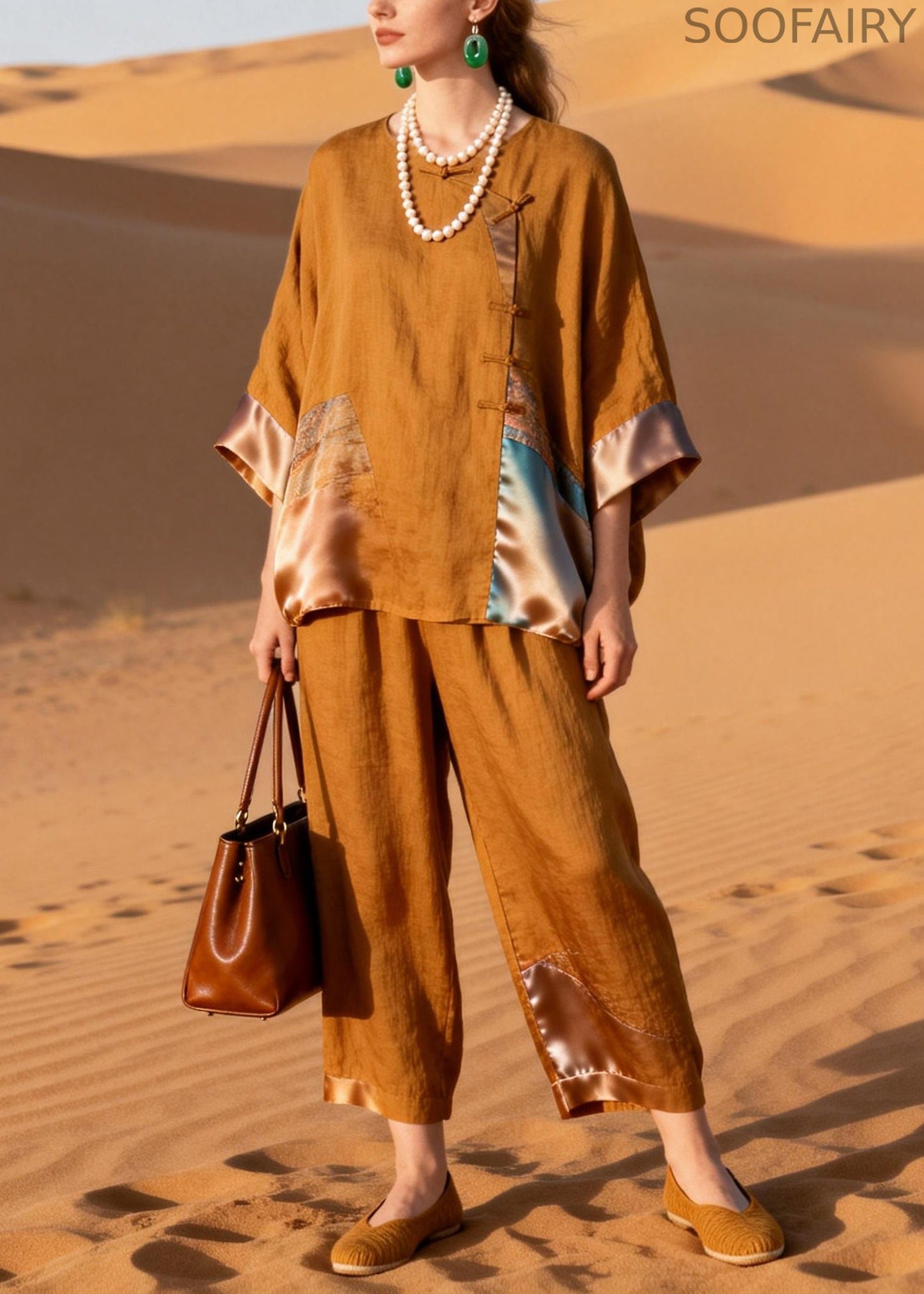 Brown Button Shirts and Crop Pants Silk Patchwork Two Pieces Set Half Sleeve