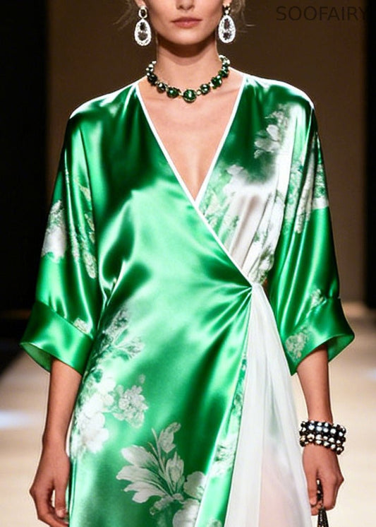 Green Patchwork Exra Large Hem Silk Vacation Dresses Summer