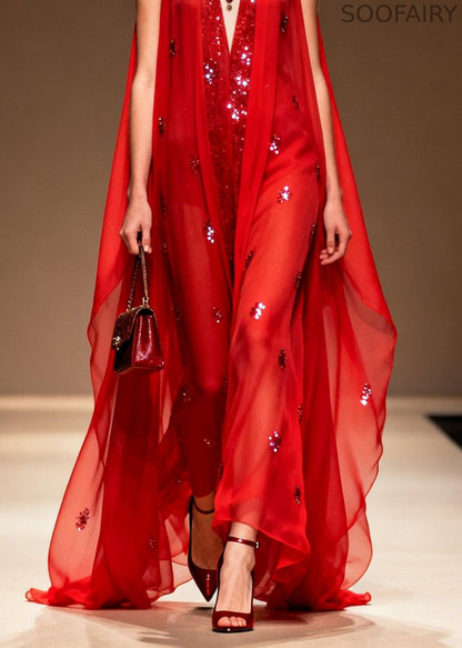 Red V Neck Zircon Patchwork Chiffon Dress Summer