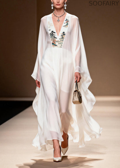 White V Neck Print Patchwork Chiffon Dress Spring