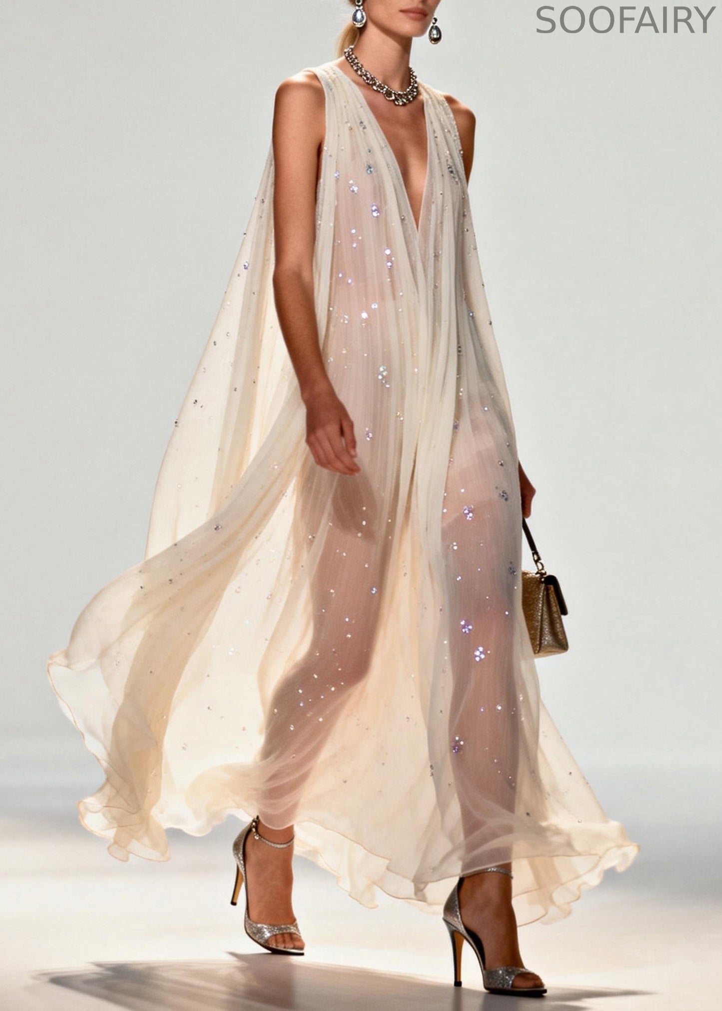 New Style V Neck Zircon Chiffon Maxi Dress Sleeveless