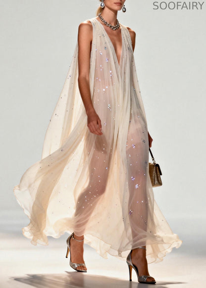 New Style V Neck Zircon Chiffon Maxi Dress Sleeveless