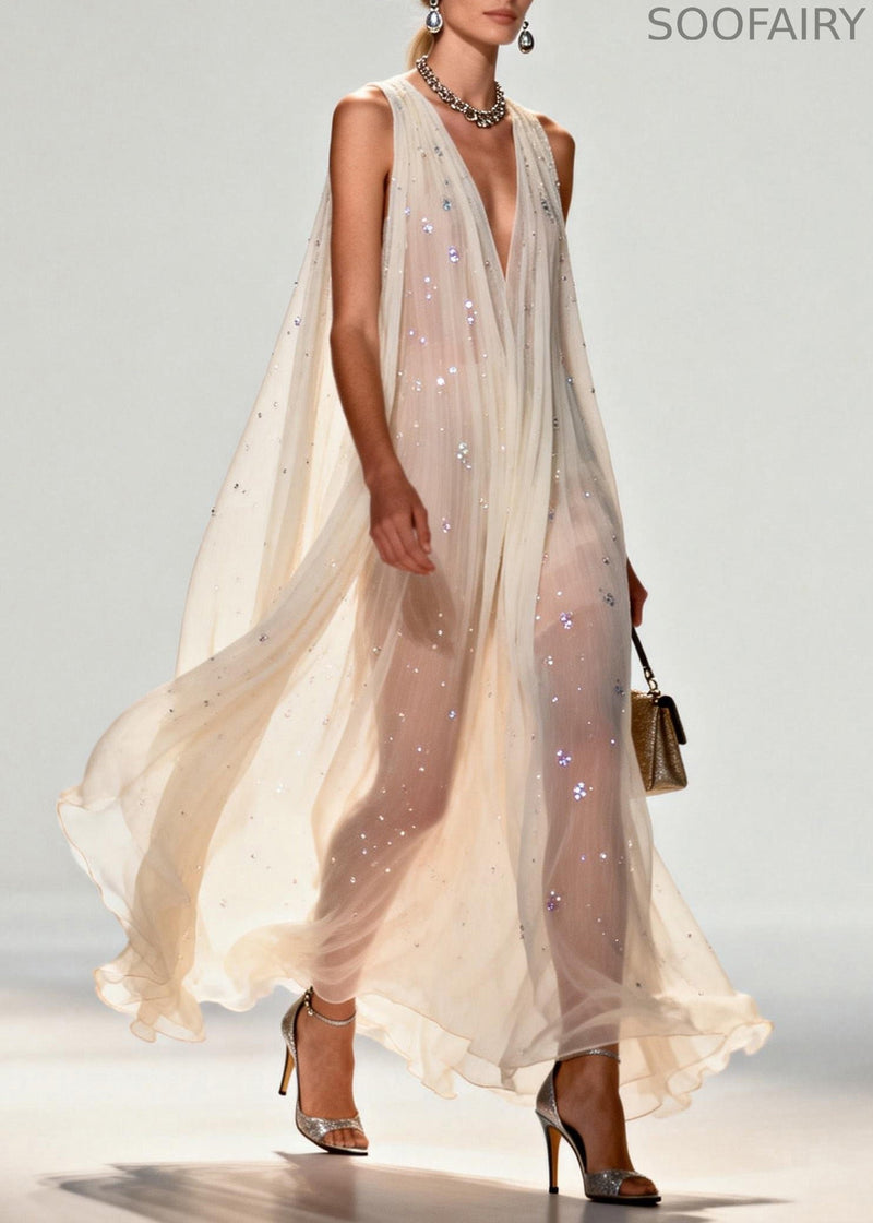 New Style V Neck Zircon Chiffon Maxi Dress Sleeveless
