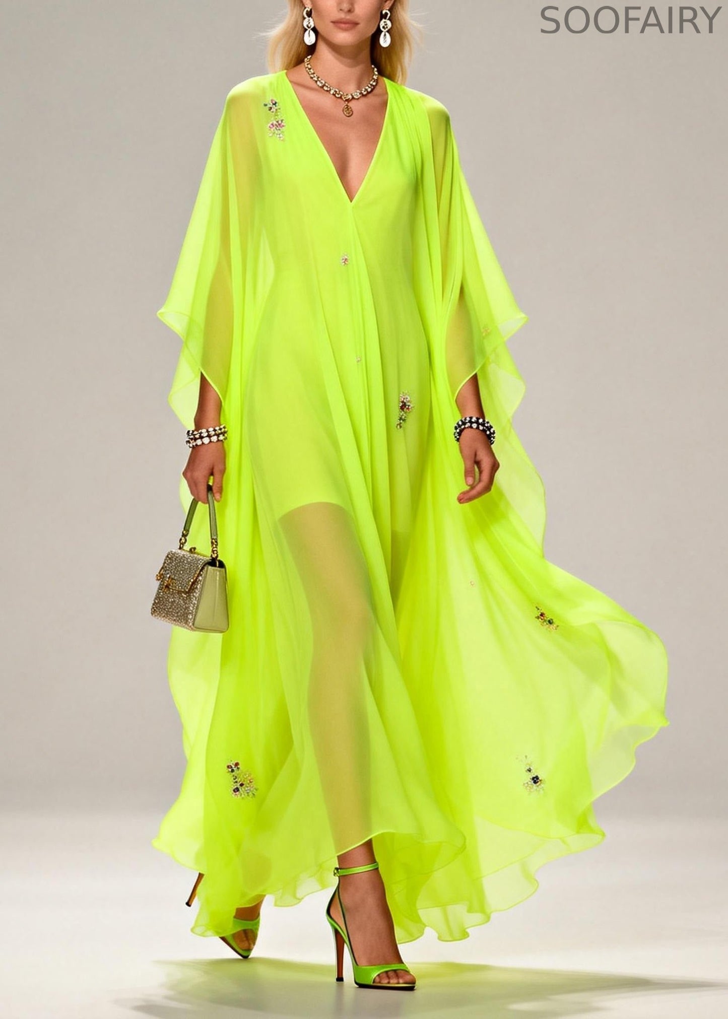 Handmade Fluorescent Green V Neck Zircon Chiffon Dresses Summer