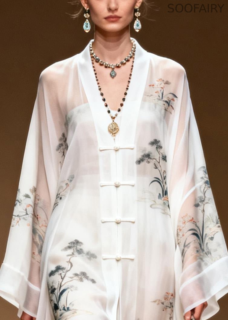 White Print Chinese Button Draping Chiffon Dress Summer