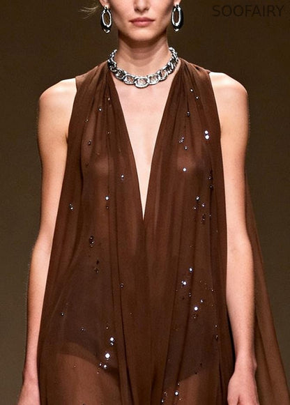 Stylish Chocolate Rhinestone Exra Large Hem Chiffon Vacation Dress Sleeveless