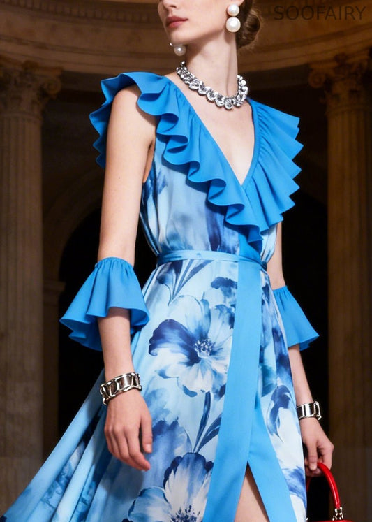Blue Ruffled Print Chiffon Vacation Dress Sleeveless