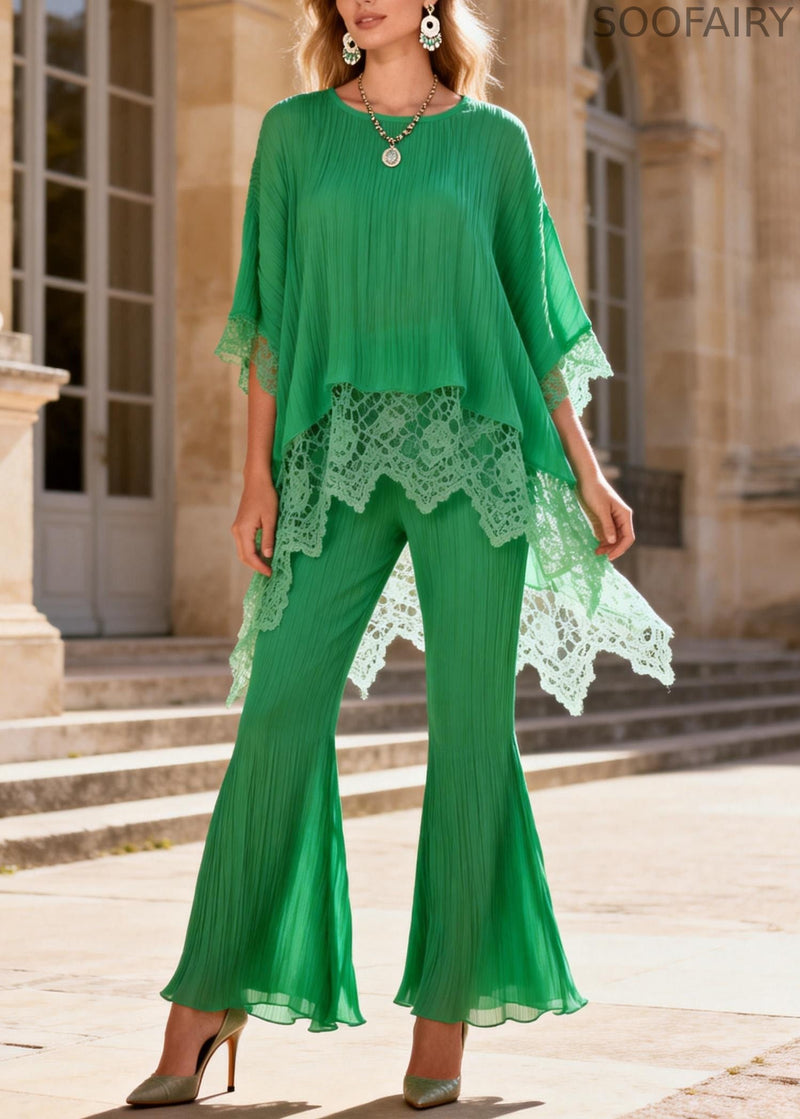 Green Lace Patchwork Tops and Flared Trousers Two Pieces Set O Neck Batwing Sleeve