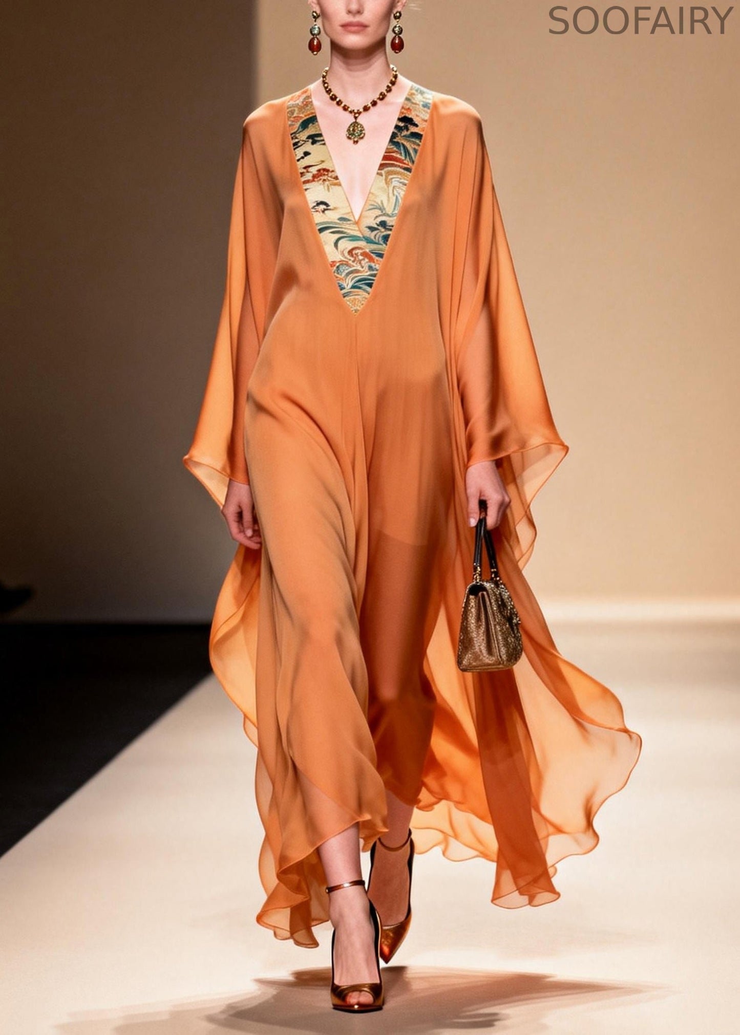 Fitted Orange V Neck Patchwork Chiffon Holiday Dresses Summer