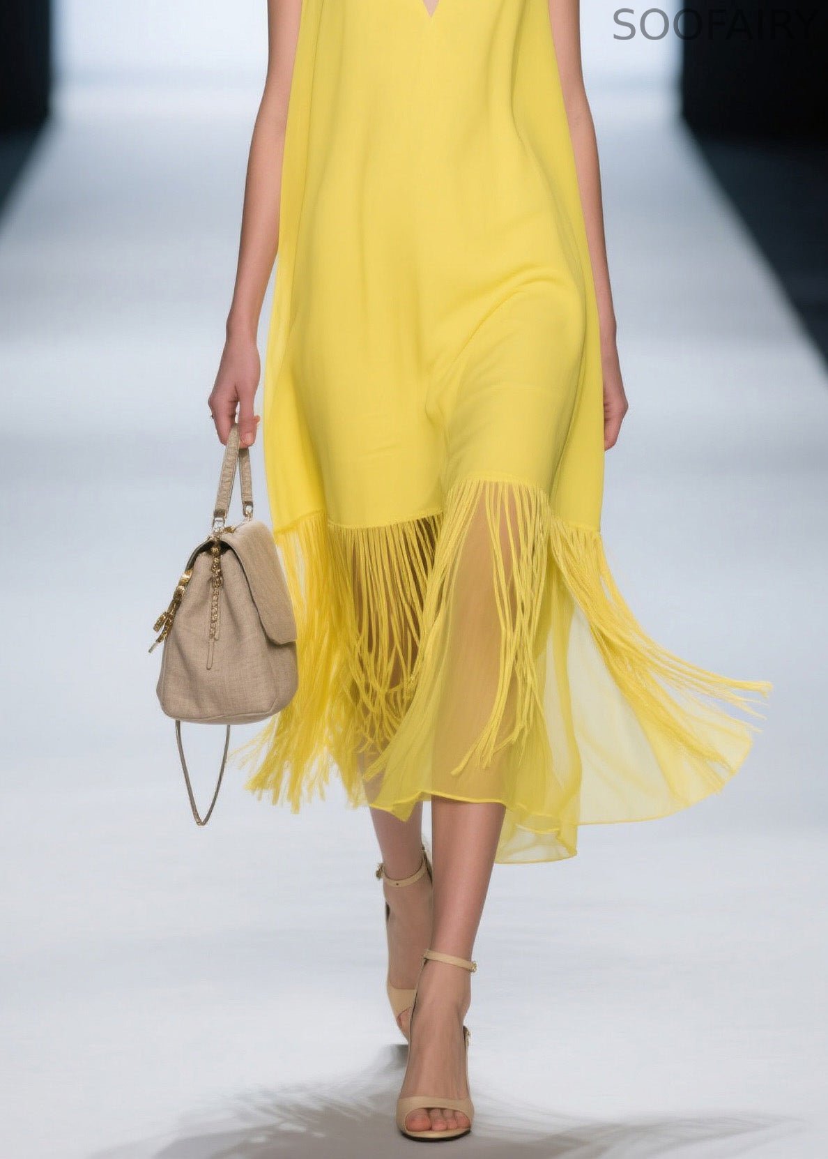 French Yellow V Neck Patchwork Cotton Dress Sleeveless