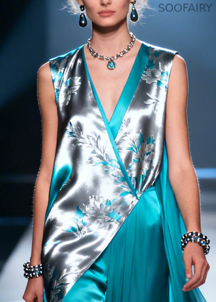 Unique Blue Asymmetrical Design Print Silk Long Dress Summer