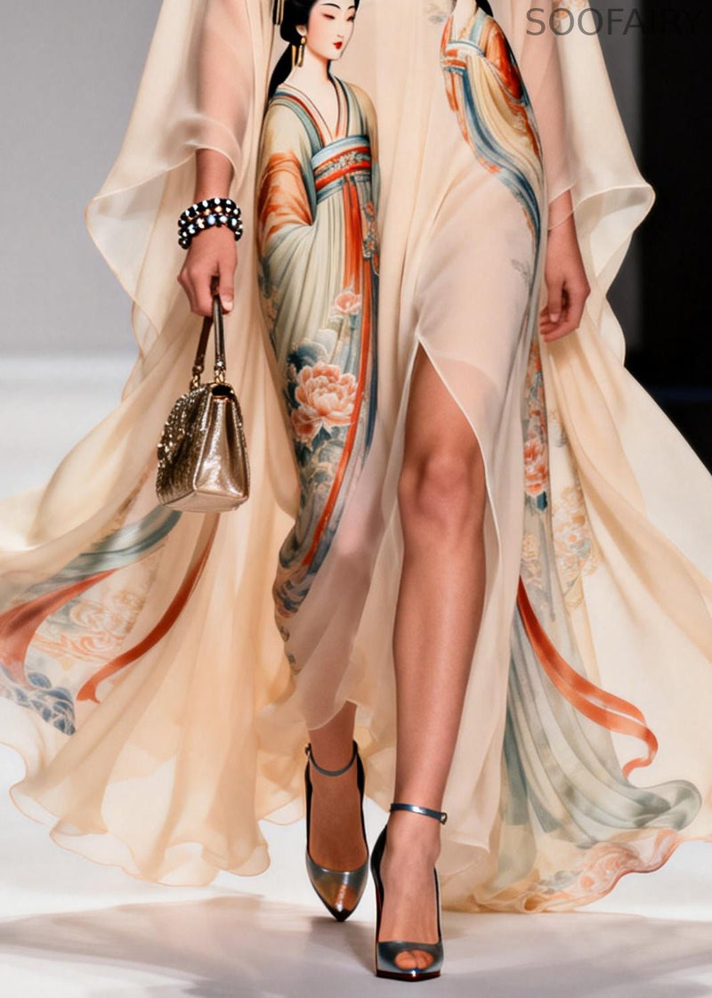 Original Design Apricot Peter Pan Collar Print Chiffon Maxi Dresses Summer