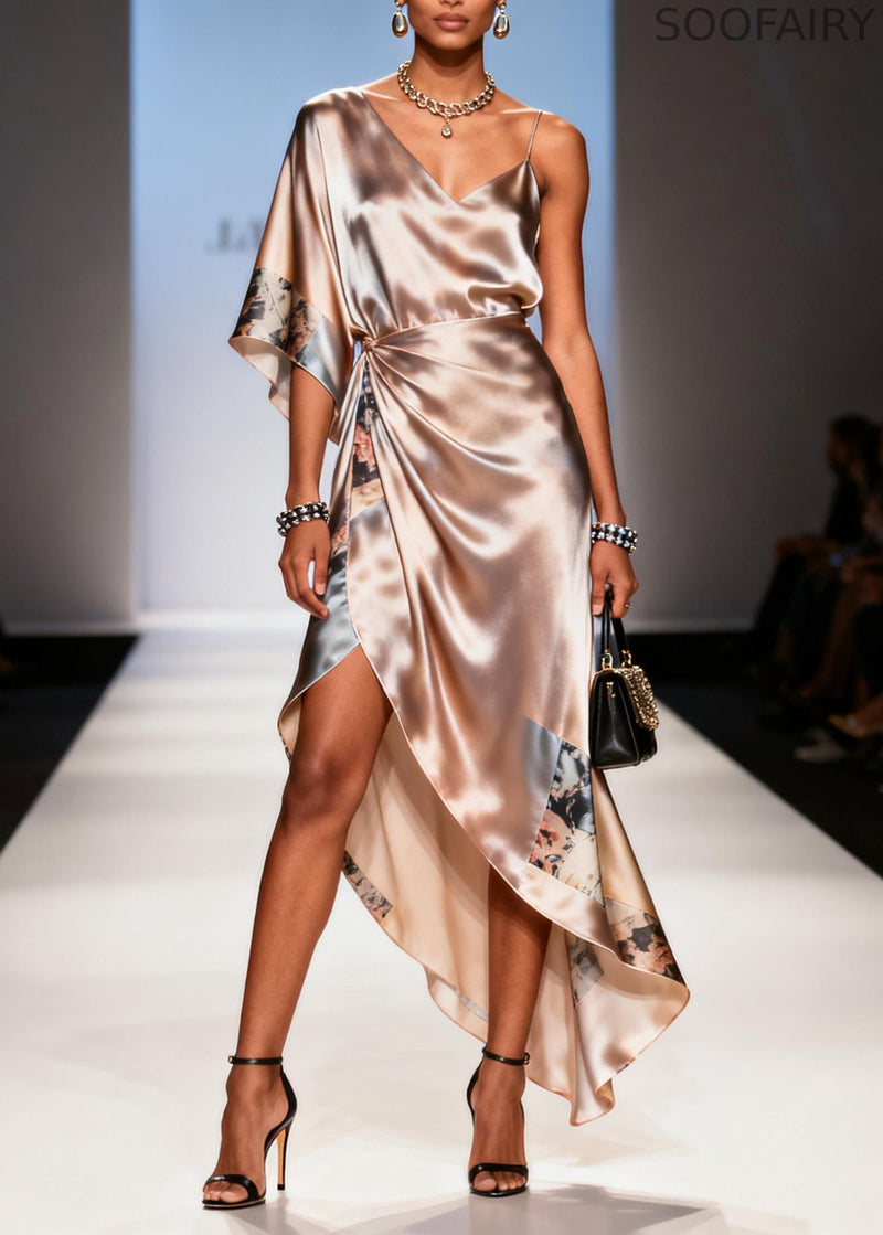 Apricot Asymmetrical Print Chiffon Sundress Summer