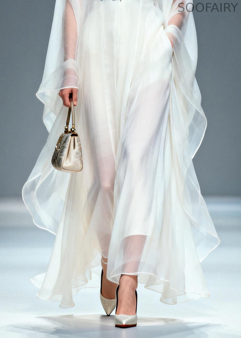 White Mandarin Collar Chiffon Sheer Dress Two Piece Set Summer