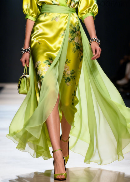 Modern Green Print Patchwork Exra Large Hem Silk Dress Summer