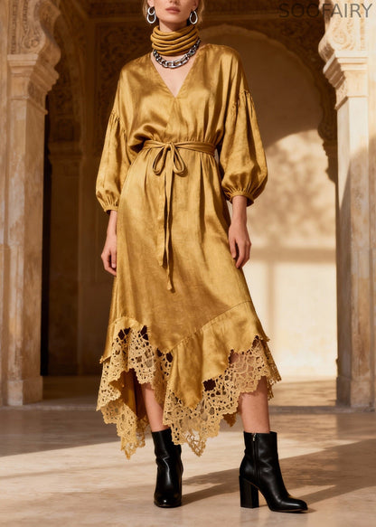 Fine V Neck Asymmetrical Lace Patchwork Silk Dresses Spring