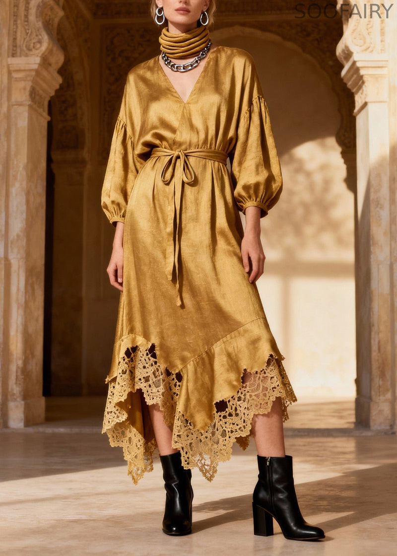 Fine V Neck Asymmetrical Lace Patchwork Silk Dresses Spring