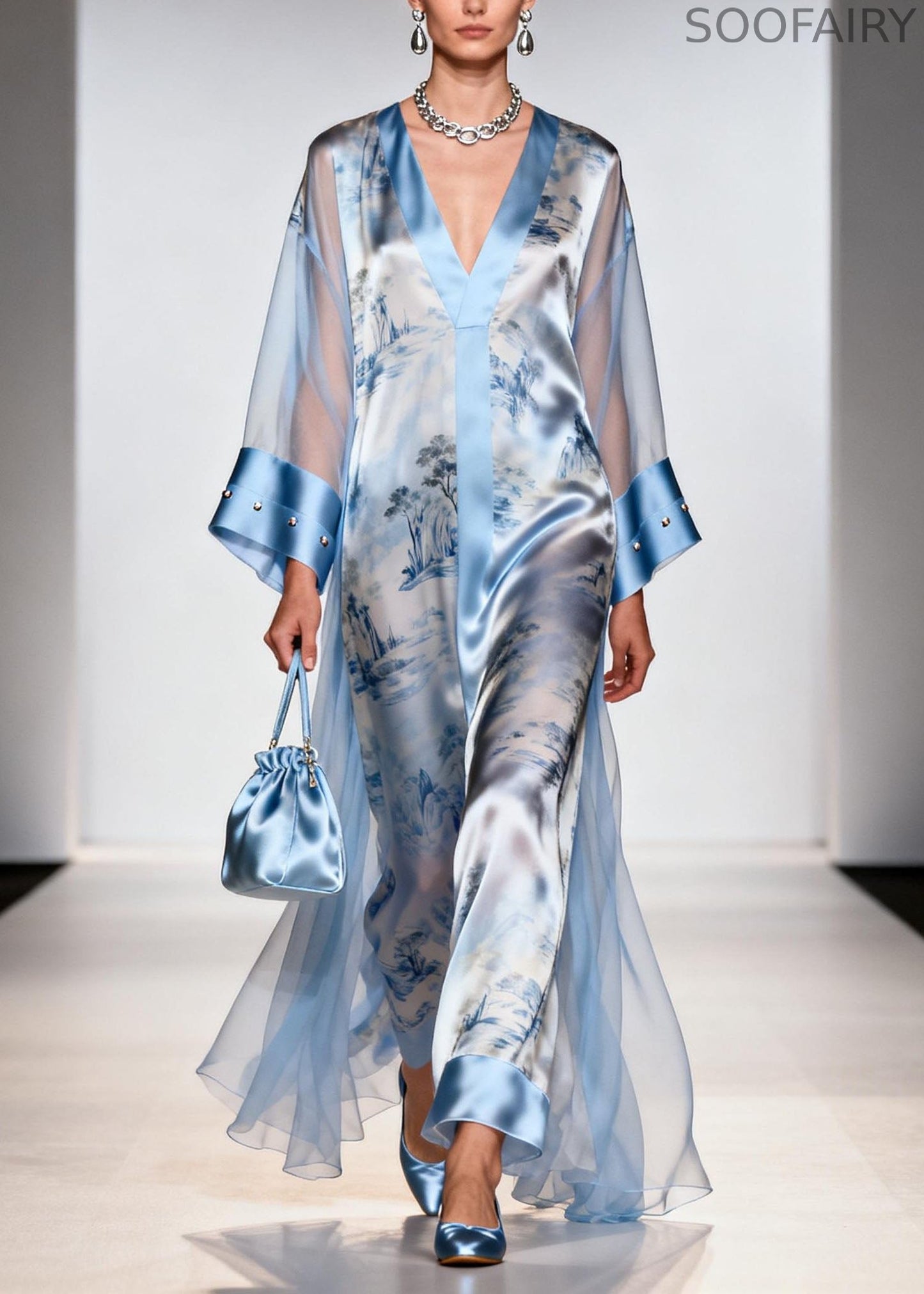 Italian Blue V Neck Print Zircon Chiffon Dresses Summer