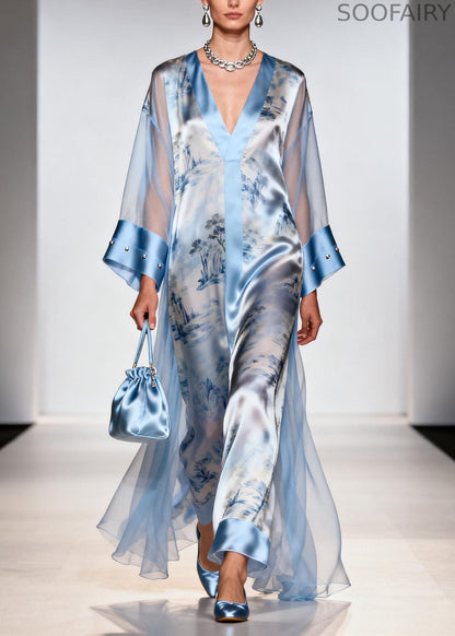 Italian Blue V Neck Print Zircon Chiffon Dresses Summer