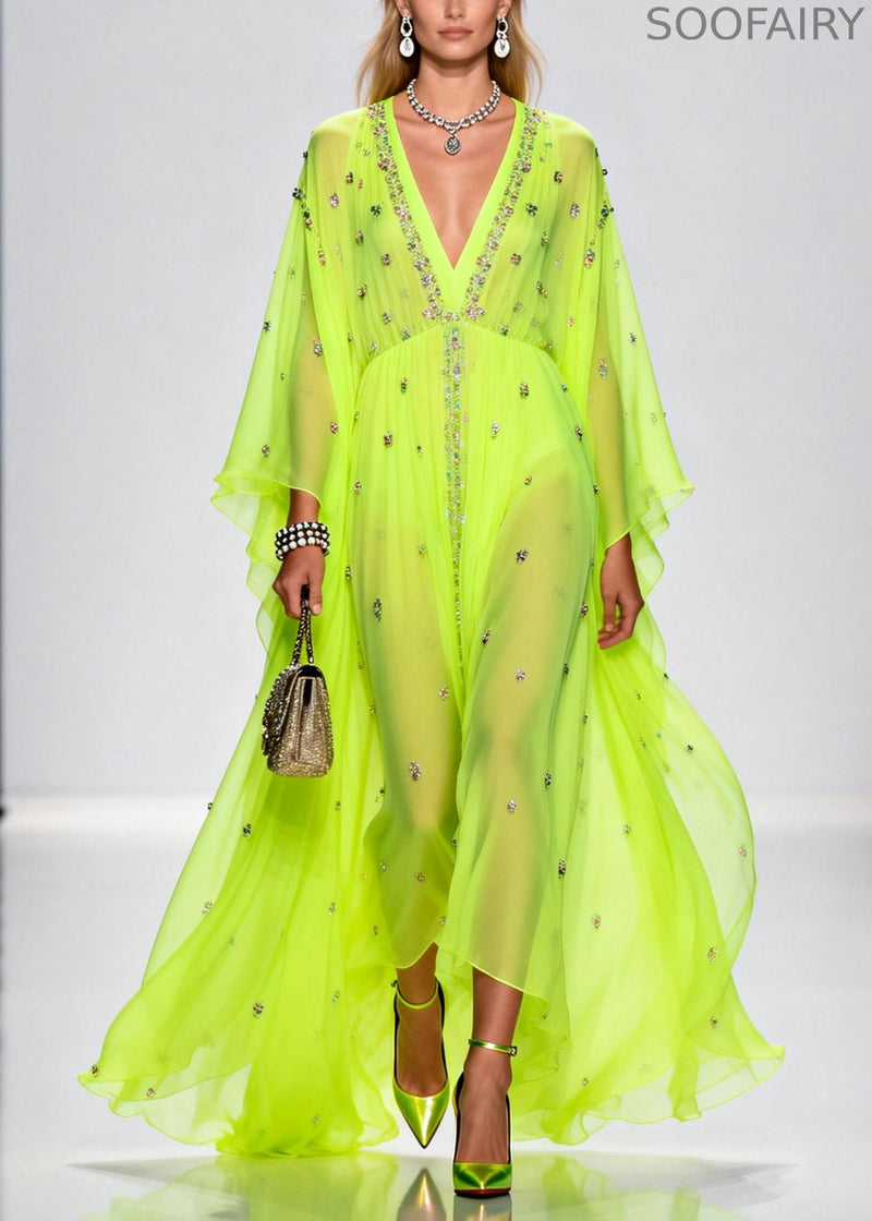 Original Design Fluorescent Green Rhinestone Exra Large Hem Chiffon Party Dresses Summer