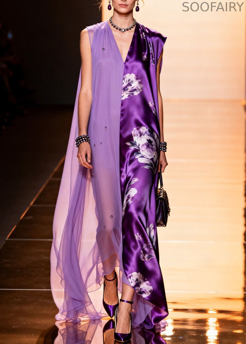 Fine V Neck Print Zircon Patchwork Silk Dresses Summer