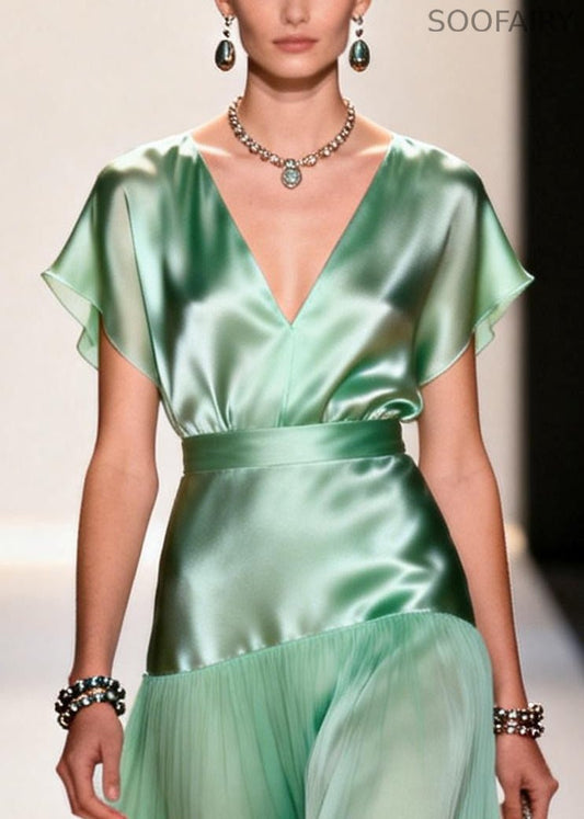 Simple Light Green V Neck Patchwork Chiffon Robe Dresses Summer