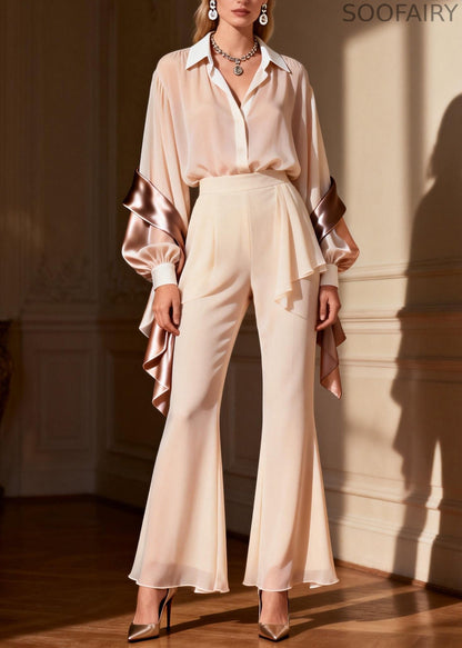 New Peter Pan Collar Patchwork Silk Two Piece Suit Set Spring